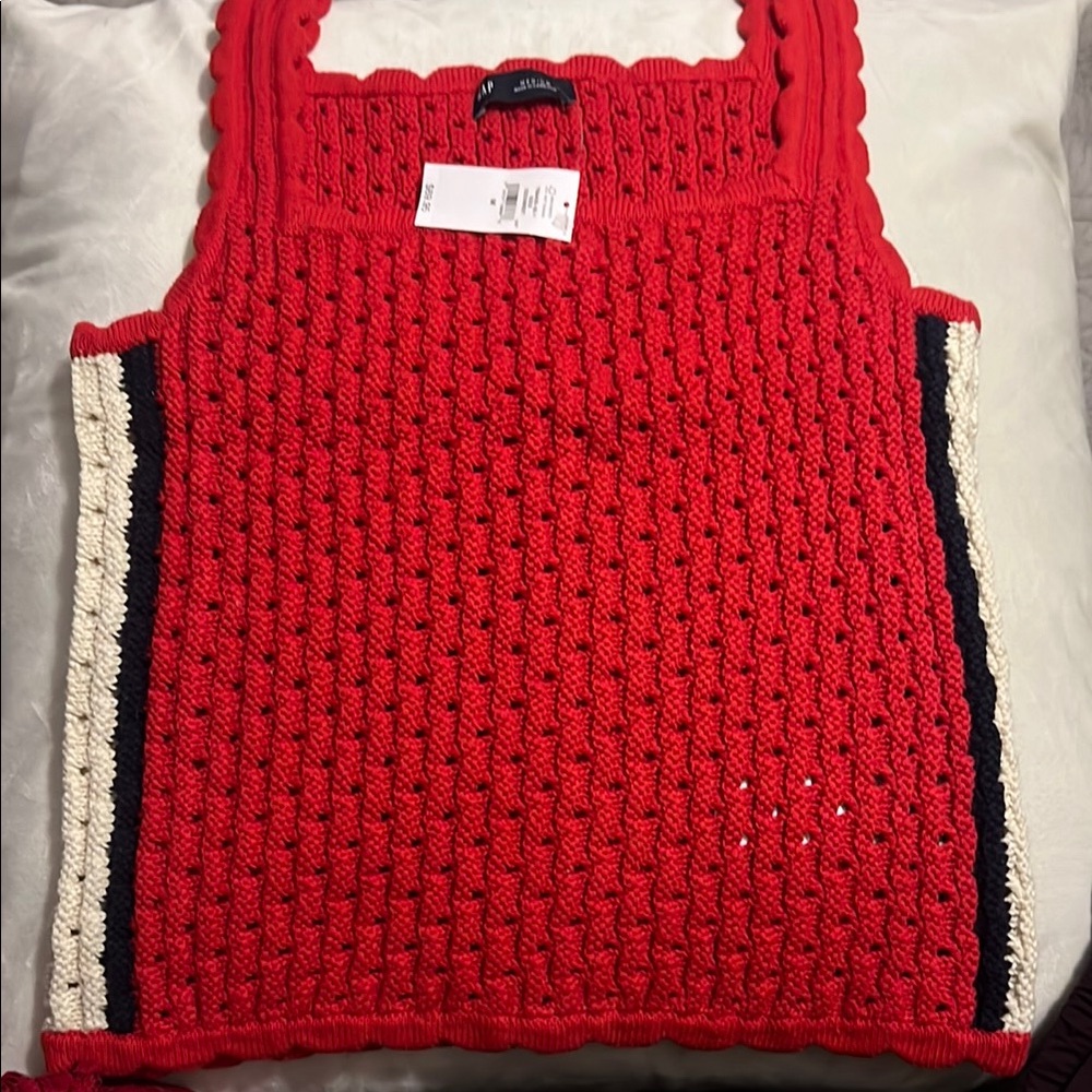 Red Knit Tank Top with Striped Sides